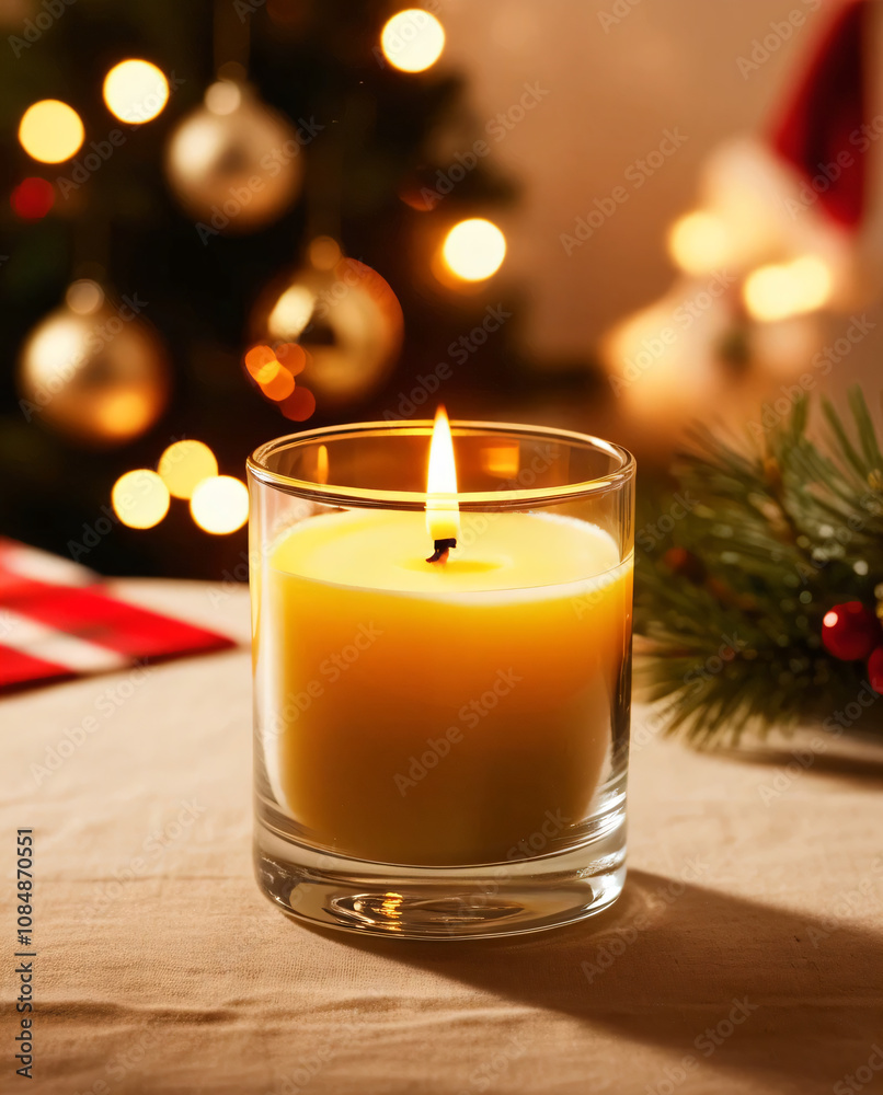 The Christmas candle's light enhances the cozy holiday atmosphere. The Christmas candle's light enhances the cozy holiday atmosphere.