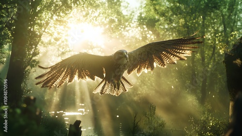 29. A falcon in flight, its wings almost glowing as the sunlight overwhelms the image photo