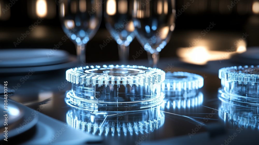 Futuristic glass gas stovetop with glowing blue burners, set for elegant dining. Futuristic glass gas stovetop with glowing blue burners, set for elegant dining.