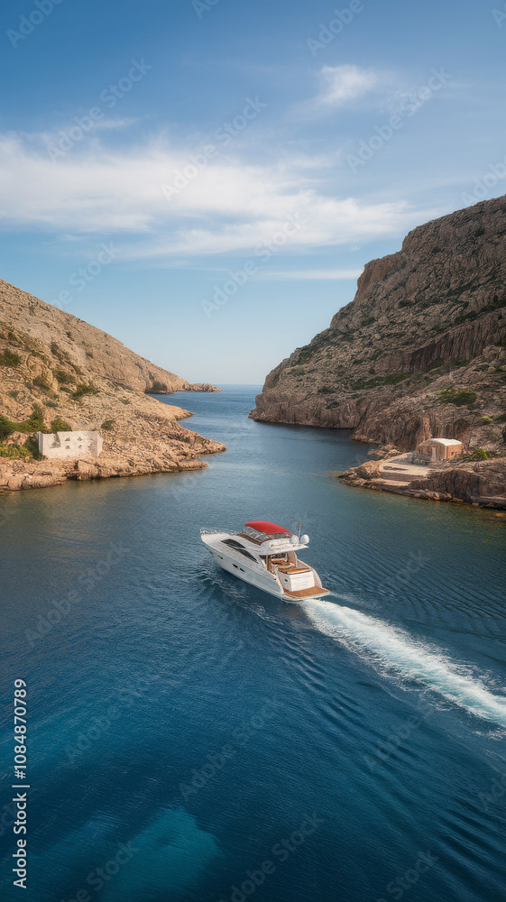 Obraz premium Summer boating adventure in a sea cove. Outdoor lifestyle summer photography wallpaper with lakes and mountains.