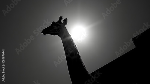 30. A giraffe silhouetted against the sun, its elongated neck barely visible in the overexposed light photo