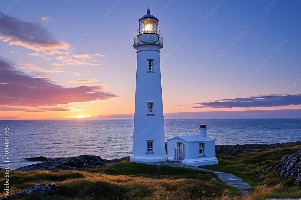 A serene lighthouse at sunset, guiding ships over calm waters. A serene lighthouse at sunset, guiding ships over calm waters.