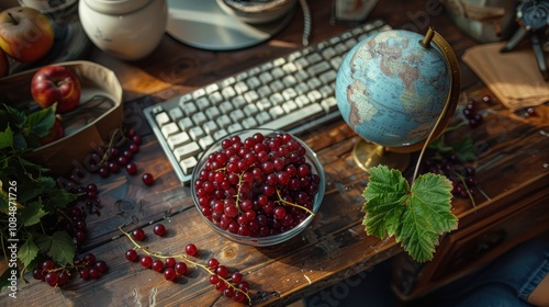 A bowl of red currants on a wooden desk, with a computer keyboard, a globe, and apples in the background. photo