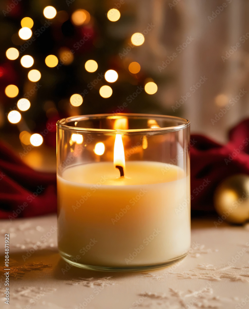 A Christmas candle illuminates the room, adding to the festive spirit. A Christmas candle illuminates the room, adding to the festive spirit.