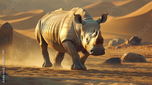 36. A rhinoceros walking through a desert landscape, its shape distorted by the harsh, bright sunlight photo