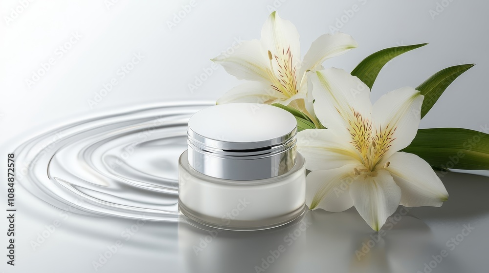 A sleek cosmetic jar surrounded by white lilies and rippling water, suggesting beauty and tranquility. A sleek cosmetic jar surrounded by white lilies and rippling water, suggesting beauty and tranquility.