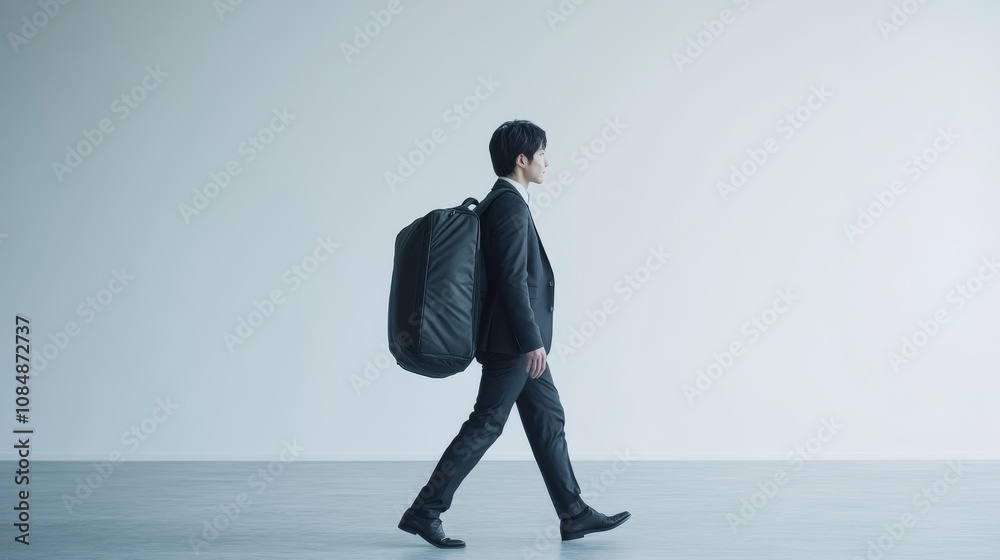 A man in a suit walks with a large bag on his back in a minimalist, bright space. A man in a suit walks with a large bag on his back in a minimalist, bright space.