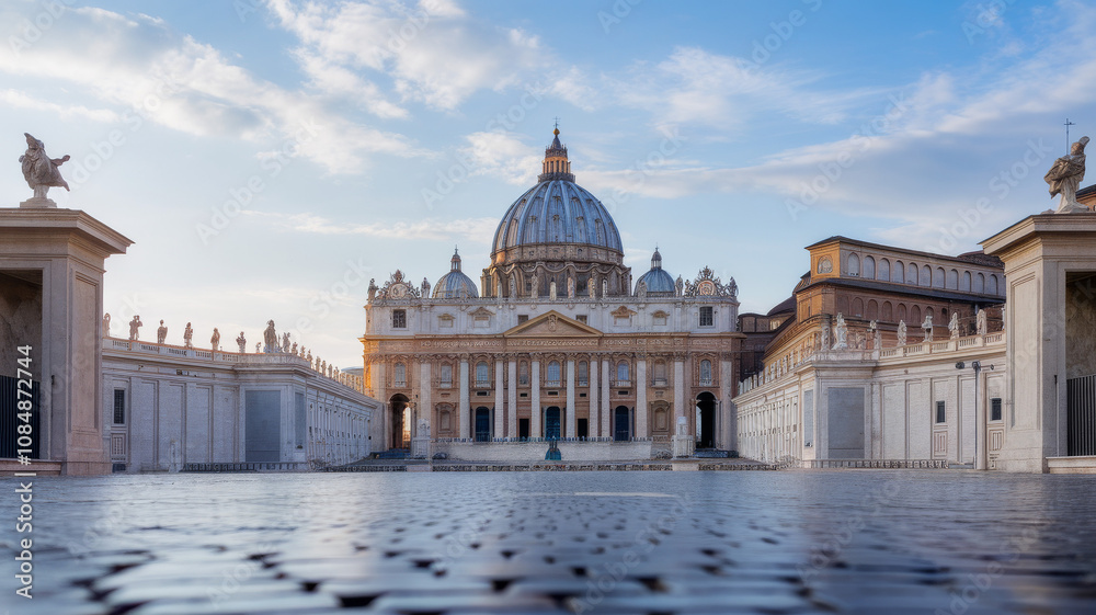 Naklejka premium Vatican City landmark with cloudy sky. Travel landmark photography wallpaper with inspiring iconic architecture in day time setting.