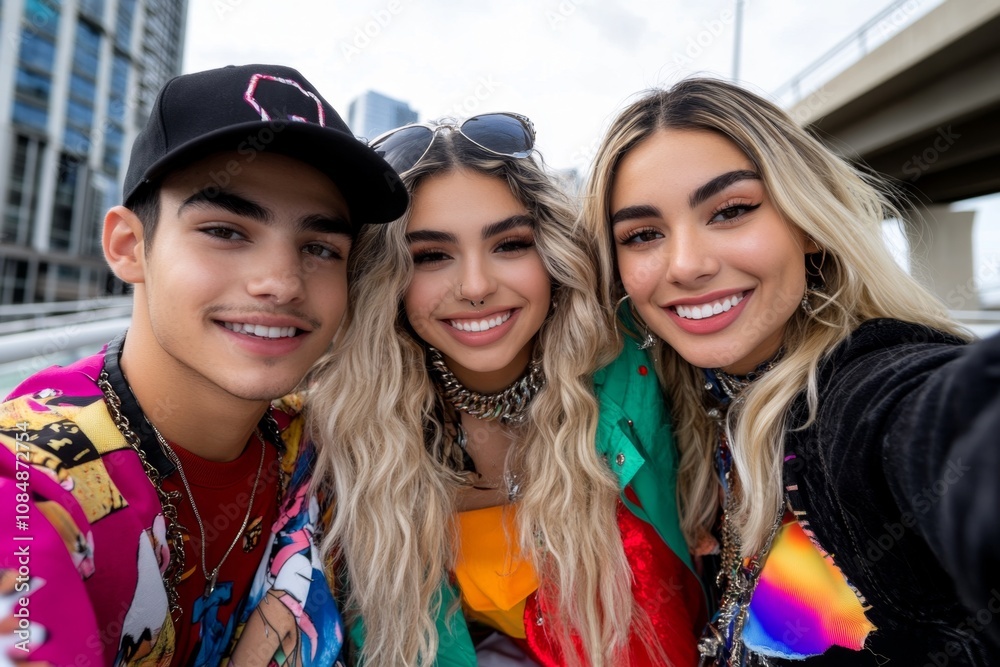 Happy friends in edgy fashion, posing for selfies on a city bridge, enjoying friendship in urban setting Happy friends in edgy fashion, posing for selfies on a city bridge, enjoying friendship in urban setting