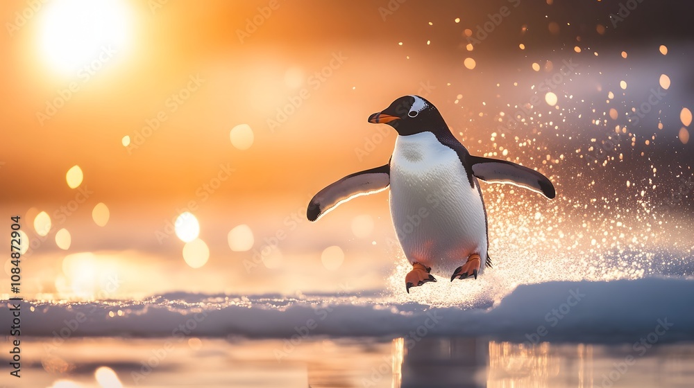 Obraz premium 38. A penguin sliding on ice, its figure almost glowing from the bright sunlight reflecting off the snow