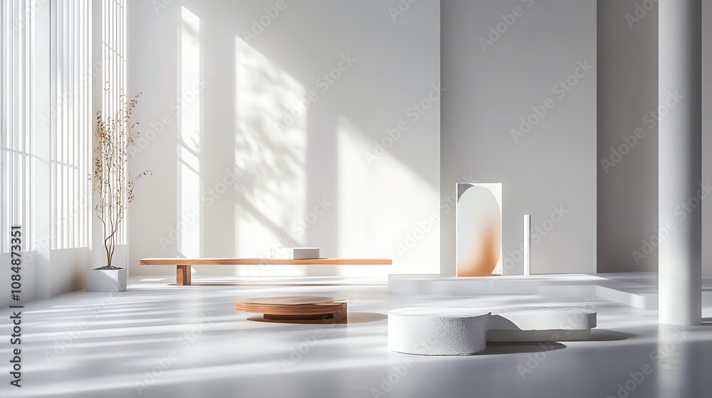 Fototapeta premium Minimalist bright room with modern furniture and natural lighting.