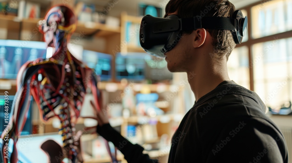 A student participating in a virtual reality anatomy lesson with detailed 3D models, symbolizing education and innovation in medical studies, Contemporary lifestyle scene A student participating in a virtual reality anatomy lesson with detailed 3D models, symbolizing education and innovation in medical studies, Contemporary lifestyle scene