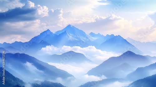 Fantastic panorama of the mountain peaks in the clouds