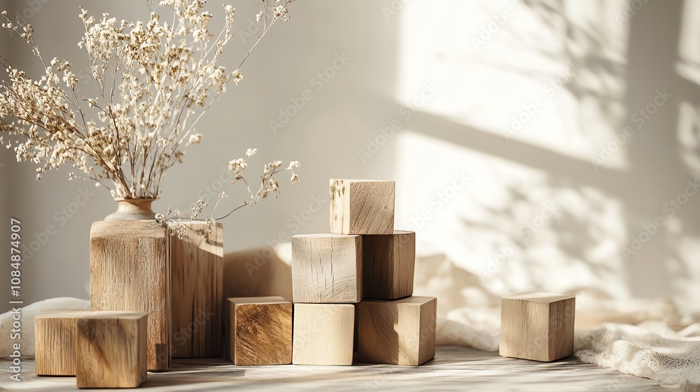Wooden blocks and dried flowers in soft, natural light. Wooden blocks and dried flowers in soft, natural light.