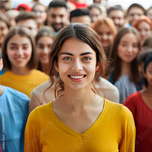 smiling woman in a crowded place standing out. special individual being unique in her community opt people highlighted by white, cinematic, png photo