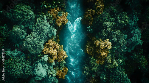 Aerial View of River Through Green Forest Illustration