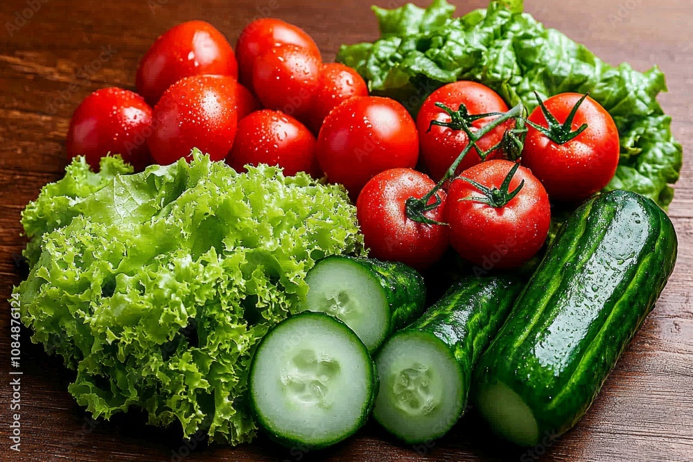 Tomatoes, cucumbers, and lettuce arranged for a fresh salad on a wooden table