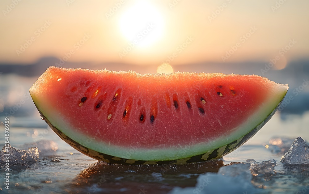 A slice of watermelon rests on a surface, illuminated by a sunset in the background.