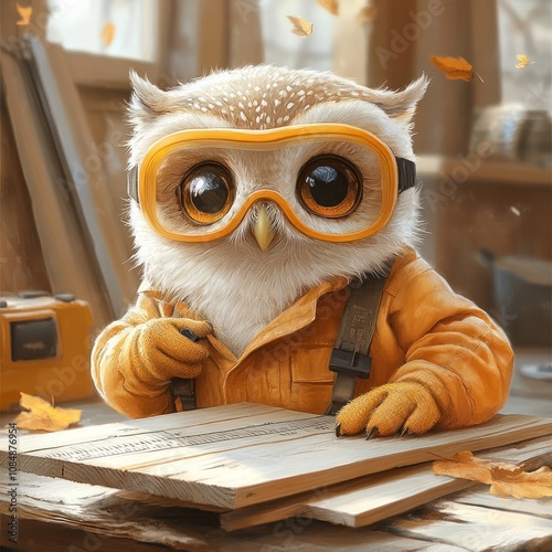 Cute owl wearing safety goggles works on woodworking project in workshop. photo