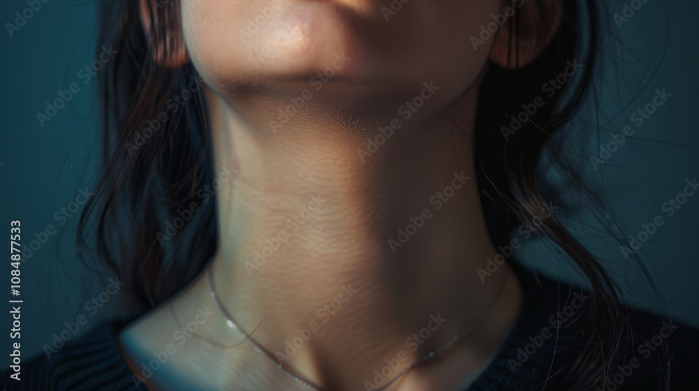Low-angle view of female neck with visible thyroid swelling and shadows, highlighting glandular health issues and endocrine conditions Low-angle view of female neck with visible thyroid swelling and shadows, highlighting glandular health issues and endocrine conditions