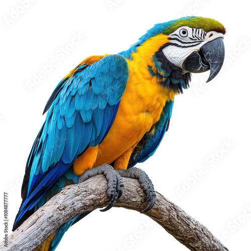 A blue and yellow parrot is perched on a branch. The bird is looking directly at the camera photo