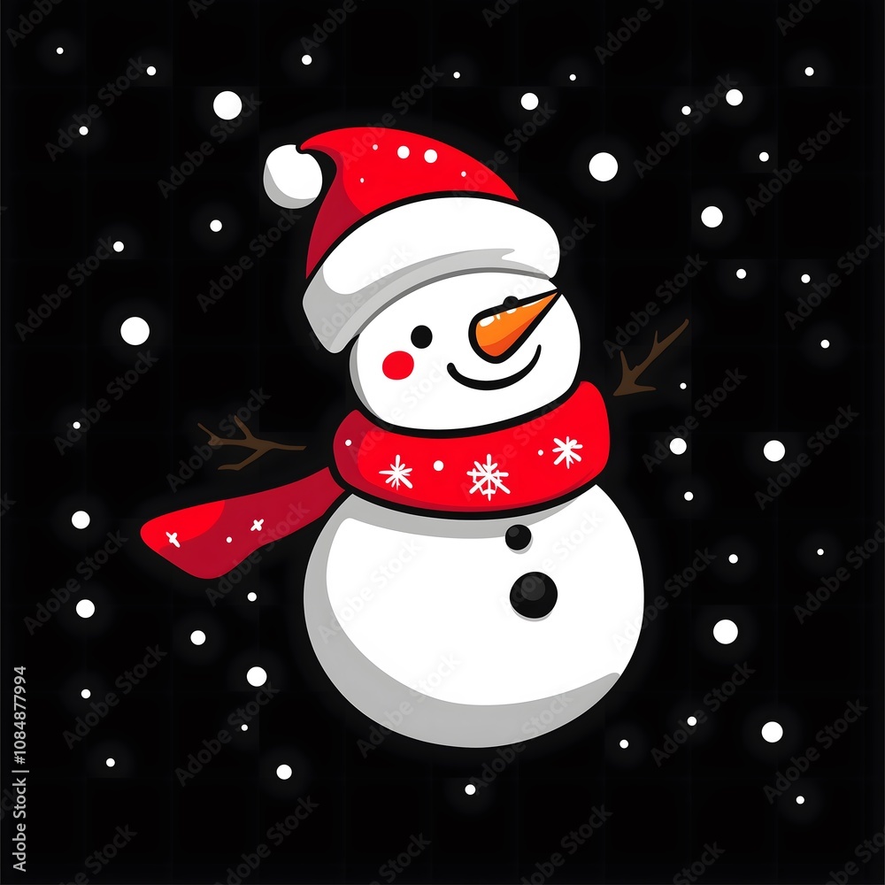 Fototapeta premium Cheerful Snowman with Santa Hat and Red Scarf in Night Snowfall, Festive Holiday Illustration
