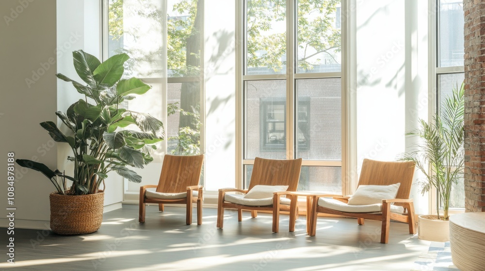 Airy Scandinavian-inspired space with wooden lounge chairs, large windows, and natural light creating a serene atmosphere