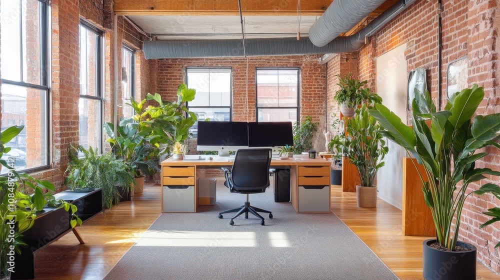 Obraz premium A modern rustic cozy office with exposed brick walls a sleek desk and greenery for a productive vibe