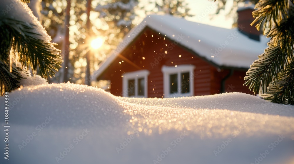 Fototapeta premium Charming farmhouse in snowy landscape winter scene icy details