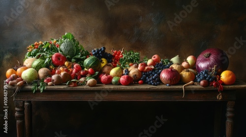 A vibrant still life of fresh fruits and vegetables arranged on a rustic wooden table