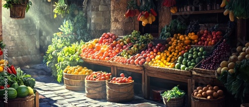 Fototapeta Naklejka Na Ścianę i Meble -  A colorful market stall brimming with fruits and vegetables under warm sunlight