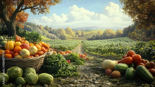 A bountiful harvest of seasonal fruits and vegetables in a picturesque countryside field
