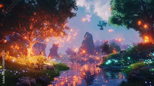A fantasy gaming environment with mystical creatures and glowing magical landscapes