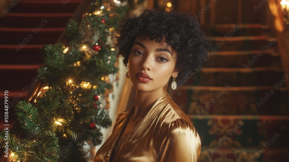 Half body shot of a French woman with short, curly hair, wearing a gold satin blouse, standing near a grand staircase wrapped in garland and Christmas lights, copy space, festive luxury, holida Half body shot of a French woman with short, curly hair, wearing a gold satin blouse, standing near a grand staircase wrapped in garland and Christmas lights, copy space, festive luxury, holida