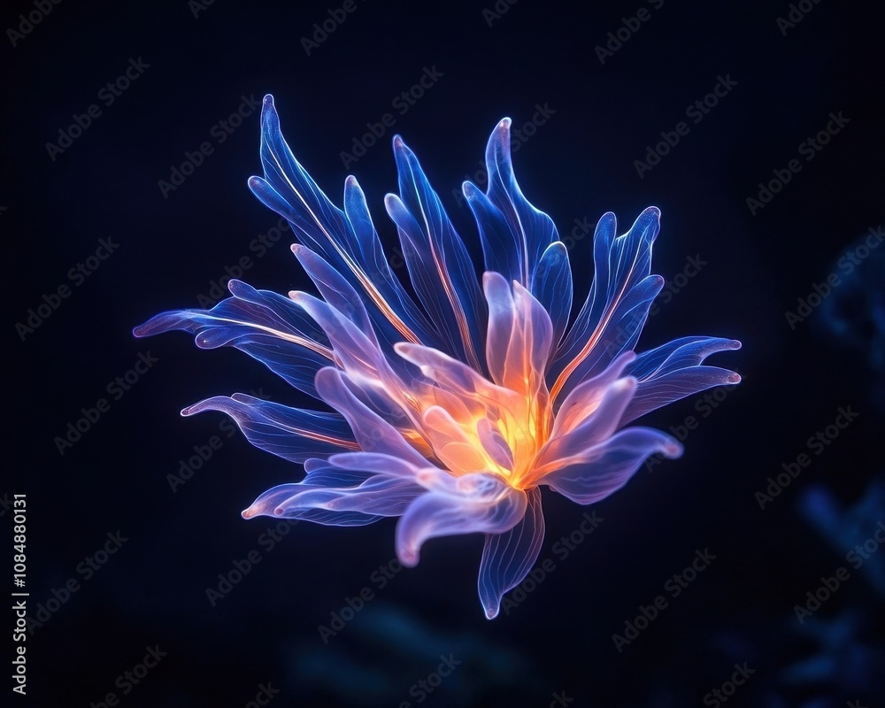 A luminous, ethereal flower with delicate, translucent petals radiates vibrant colors against a dark background, creating a mesmerizing visual effect. A luminous, ethereal flower with delicate, translucent petals radiates vibrant colors against a dark background, creating a mesmerizing visual effect.