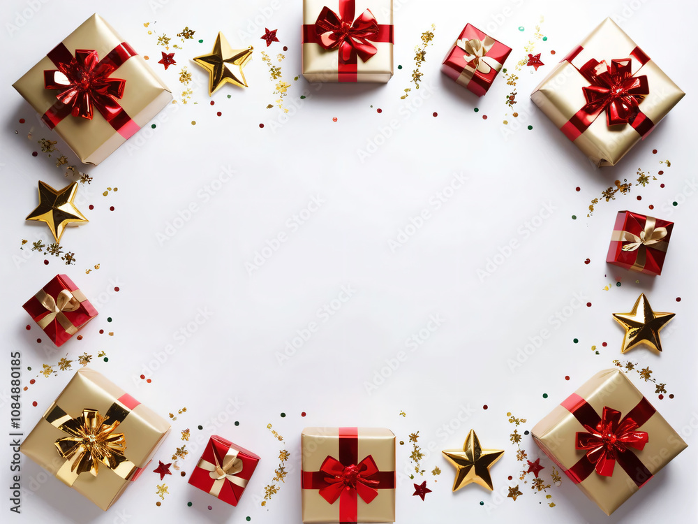 Festive gifts form a circle, leaving a blank center. Festive gifts form a circle, leaving a blank center.