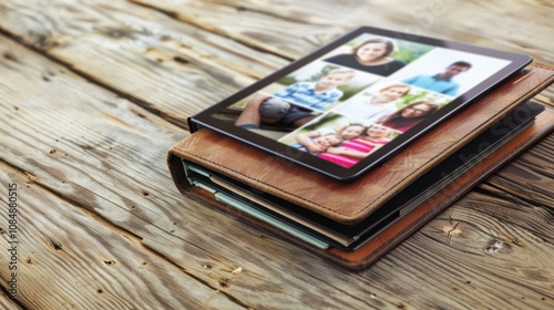 A traditional family photo album with a digital screen embedded showing live family updates, placed on a rustic wooden table, symbolizing the blend of cherished memories and modern connectivity