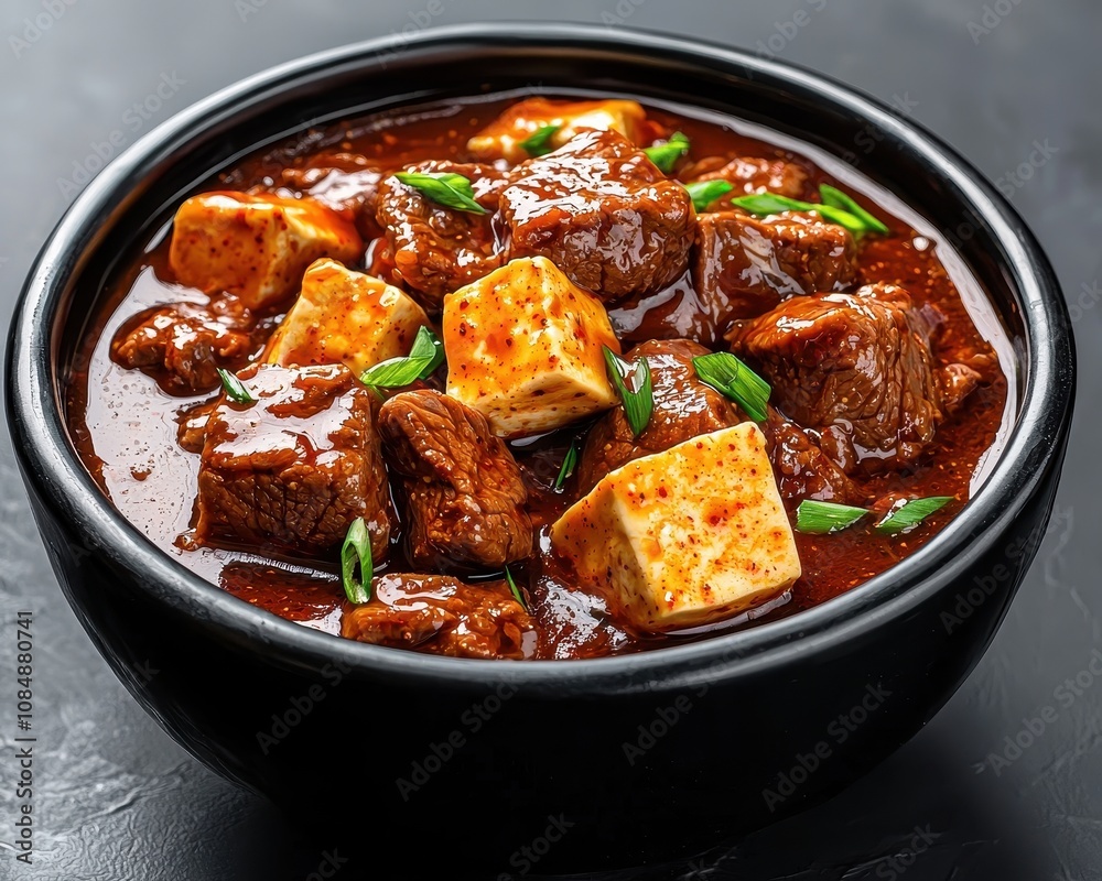 A rich, savory dish featuring tofu cubes and chunks of meat in a flavorful sauce, garnished with fresh green onions. A rich, savory dish featuring tofu cubes and chunks of meat in a flavorful sauce, garnished with fresh green onions.