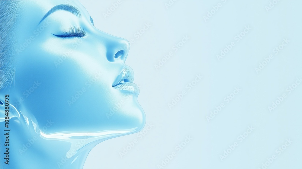 A woman's face is made of blue glass or water and is surrounded by a clean light blue background, spa, beauty concept. Minimalist style. Copy space, free space for text