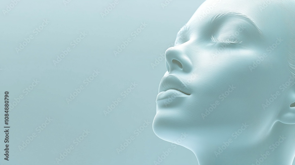 A woman's face is made of blue glass or water and is surrounded by a clean light blue background, spa, beauty concept. Minimalist style. Copy space, free space for text A woman's face is made of blue glass or water and is surrounded by a clean light blue background, spa, beauty concept. Minimalist style. Copy space, free space for text