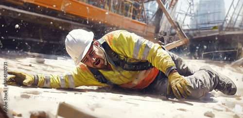 Work injury, accident in workplace. A construction worker wearing a white hard hat and a yellow high vis jacket, slipping and falling