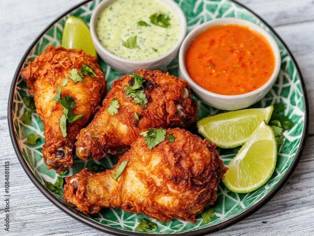 Vibrant french fries accompanied by golden fried chicken colorful plate culinary delight home kitchen close-up view flavorful experience Vibrant french fries accompanied by golden fried chicken colorful plate culinary delight home kitchen close-up view flavorful experience