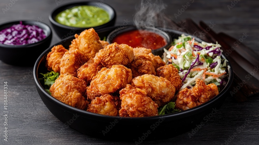 Sizzling fried chicken platter with vibrant french fries urban restaurant setting close-up view culinary delight
