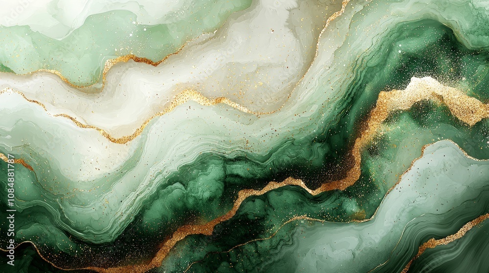 Abstract green and gold marbled design with flowing patterns and textures. Abstract green and gold marbled design with flowing patterns and textures.