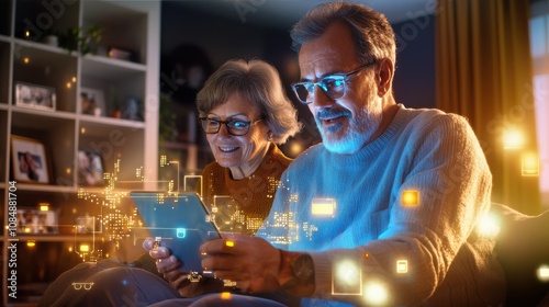 Enhancing quality of life for aging adults cozy living room digital technology comfortable home warm atmosphere tech for seniors