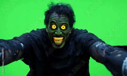 カメラ目線のゾンビのクローズアップ／襲ってくる／グリーン・スクリーン｜Close-up of zombie looking at camera/attacking/green screen photo