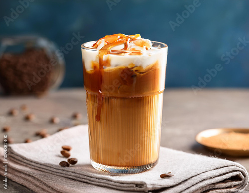 a glass of macchiato caramel ice