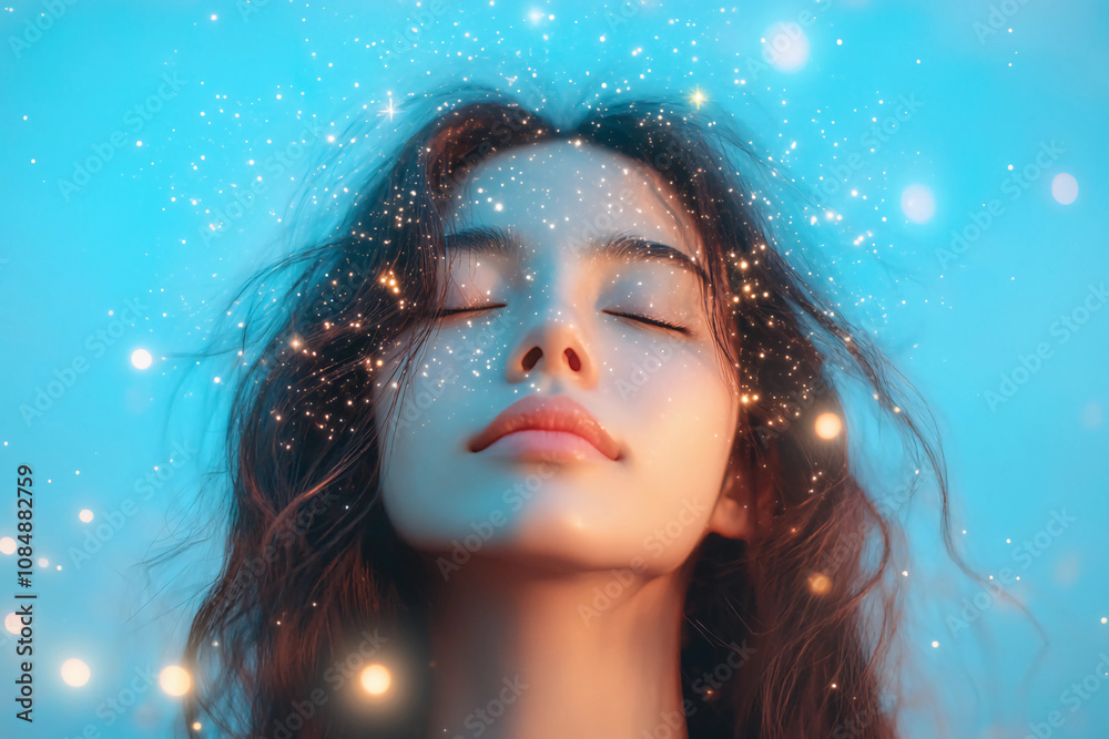 A woman with long brown hair is looking at the camera with a peaceful expression A woman with long brown hair is looking at the camera with a peaceful expression