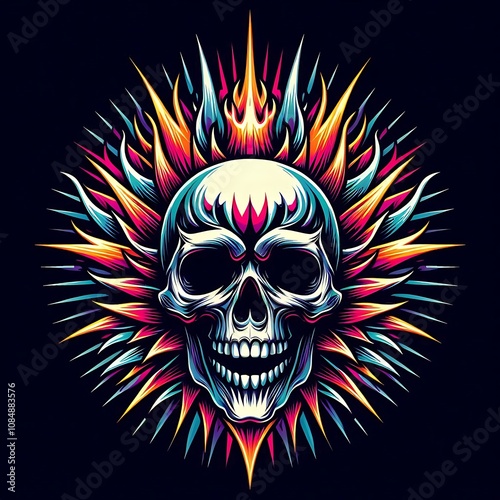 Colorful skull engulfed in vibrant, stylized flames.