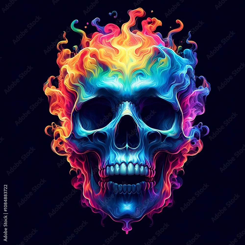 Colorful skull engulfed in vibrant, swirling flames. Colorful skull engulfed in vibrant, swirling flames.